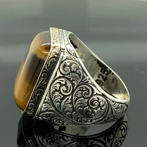 Miniatura 4 de Men Handmade Ring, Tiger Eye Stone Ring, Natural Tiger Eye Gemstone Ring, Turkısh Handmade 925k Sterling Silver Ring, Gift For Him