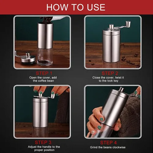 Miniatura 5 de Molinillo de café manual, molinillo de granos de café con ajustes ajustables, molinillo de café manual de acero inoxidable para camping, hogar
