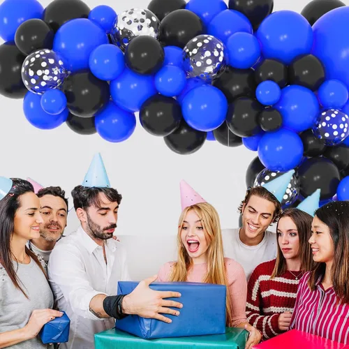 Miniatura 7 de Juego de globos de confeti azul rey, negro y plateado, arco de globos de confeti azul, negro y plateado para decoración de cumpleaños de bebé jefe