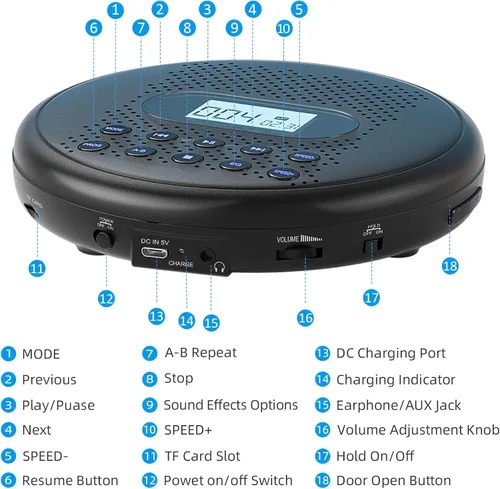 Miniatura 7 de ARAFUNA Reproductor de CD portátil con altavoces estéreo duales, reproductor de CD recargable para automóvil con protección antisaltos, auriculares