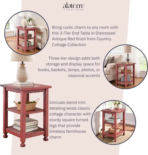 Miniatura 4 de Alaterre Furniture Country Cottage - Mesita de noche rústica de granja, mesa auxiliar estrecha de 3 niveles con acabado desgastado desgastado
