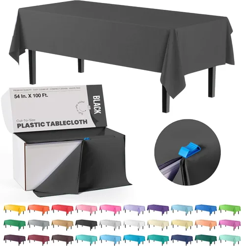 Miniatura 27 de Party Solids Rollo de Mantel de Mesa de Plástico Negro de 54 Pulgadas X 300 Pies en una Caja de Corte a Medida con Conveniente Cortador Deslizante.