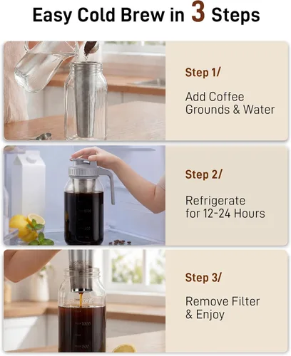 Miniatura 2 de Cafetera fría – 2 cuartos de galón de acero inoxidable con filtro de acero inoxidable de 64 onzas, jarra de cerveza fría, sin fugas, cafetera fría