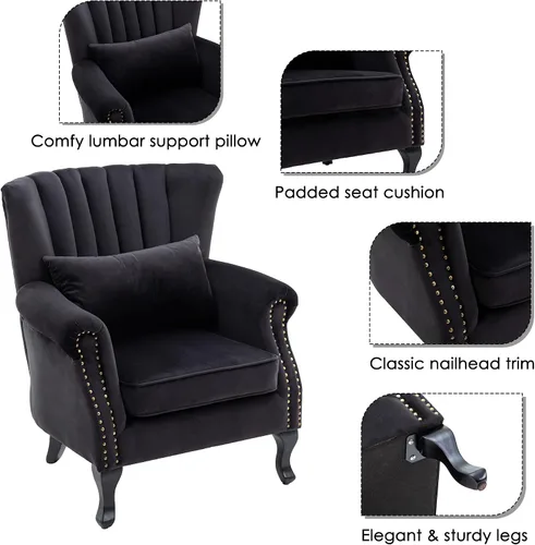 Miniatura 4 de CHAIRUS - Silla decorativa moderna de mediados de siglo con respaldo de canal, cómoda silla de sofá individual, silla con reposabrazos y almohada