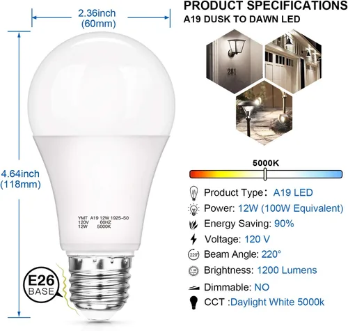 Miniatura 2 de Bombillas con sensor de luz del anochecer al amanecer, A19 12 W (equivalente a 100 W), bombillas LED de encendido automático de 1200 lúmenes, base