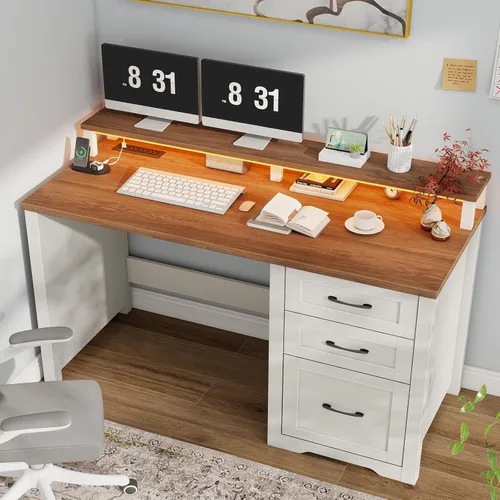 Miniatura 11 de Vabches 47" Farmhouse Executive Desk with Monitor Stand & File Cabinet,3 Drawers Computer Desk with LED Lights and Power Outlets,Workstation for