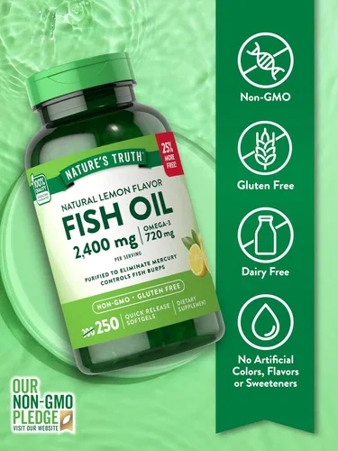 Miniatura 3 de Nature's Truth Aceite de pescado sin eructos de 2400 mg 250 cápsulas blandas 720 mg de Omega 3 Píldoras naturales de sabor a limón