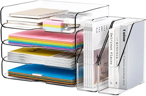Miniatura 7 de DCA Organizador de escritorio transparente de 4 niveles, bandeja de papel apilable, soporte de archivo acrílico, organizador de papel para oficina