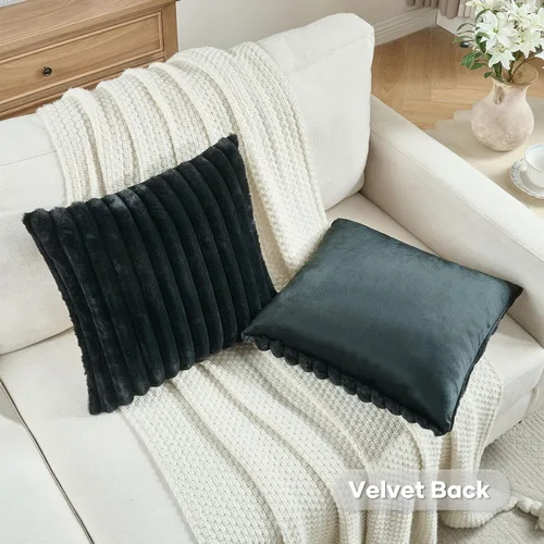Miniatura 4 de FUTEI - Juego de 2 fundas de almohada decorativas con rayas, cuadradas, para invierno, piel sintética de conejo suave y acogedora y respaldo de Negro