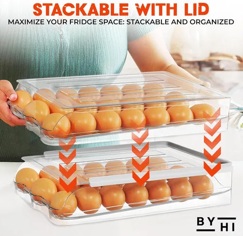 Miniatura 4 de Soporte para 36 huevos para refrigerador, organizador automático de huevos de 2 niveles para ahorrar espacio y almacenamiento fresco, sin BPA