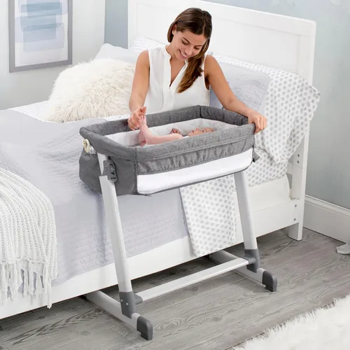 Miniatura 2 de Simmons Kids By The Bed City Sleeper Moisés - Cuna portátil de altura ajustable con ruedas y malla transpirable, tweed gris