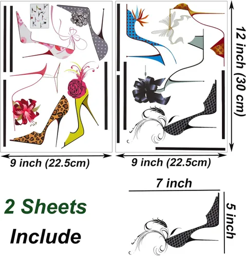 Miniatura 2 de Maydahui Calcomanías de pared de zapatos de tacón alto de colores modernos para mujer, zapatos de flores, tacones (32 x 30 pulgadas) para zapatos