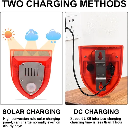 Miniatura 5 de Qualirey Detector de movimiento de alarma solar con sensor de movimiento al aire libre de 129 db, luz estroboscópica para perro, detector de alarma
