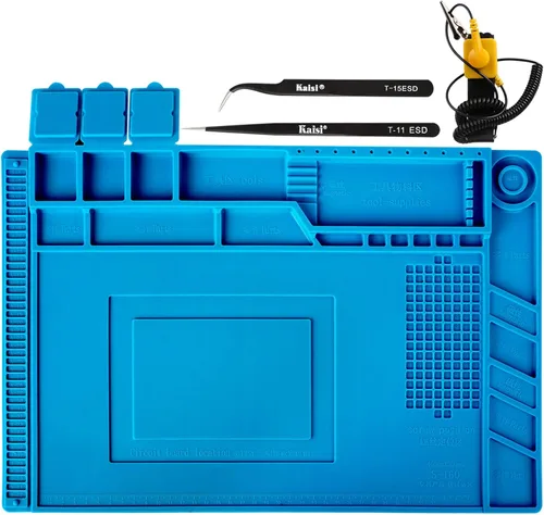 Kaisiking S-160 Alfombrilla de reparación de silicona con función magnética, 2 pinzas ESD y correa de muñeca antiestática para soldadura Kit de