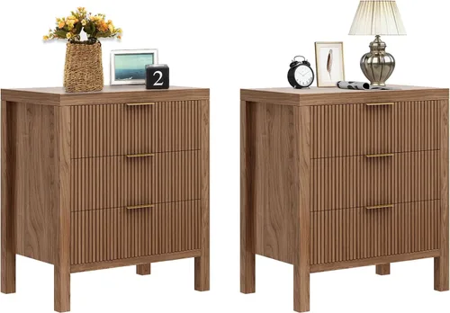 Miniatura 9 de Mesita de noche con almacenamiento, mesitas de noche de madera estilo granja con 3 cajones, mesita de noche estilo bohemio alta para dormitorio