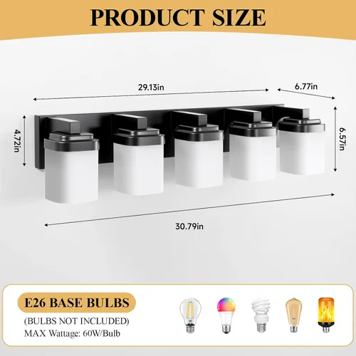Miniatura 2 de Luces de tocador, lámparas de baño con pantalla de vidrio cuadrada blanca lechosa, luz moderna sobre espejo, accesorios de iluminación de baño