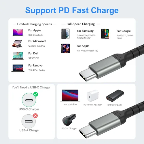 Miniatura 6 de 1.5 pies de cable de carga USB C, paquete de 2 cables trenzados USB C a USB C de 60W/3A, cable CarPlay USBC compatible con iPhone 15, Samsung Galaxy