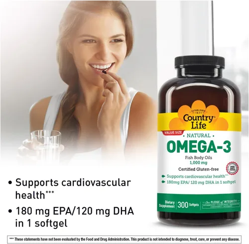 Miniatura 3 de Country Life Suplemento de aceite de pescado omega-3, 1000 mg, 180 mg de EPA y 120 mg de DHA, concentrado de aceite de pescado, sin eructos, 300