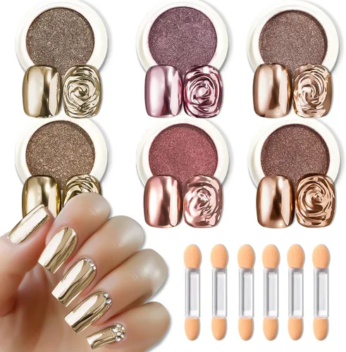 Miniatura 11 de Kit de polvo de uñas cromado de 6 colores, polvo cromado negro dorado rosa para uñas, pigmento de efecto espejo mágico, polvo metálico de frotación