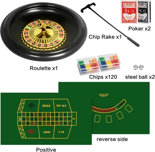 Miniatura 2 de Juego de ruleta con 120 fichas, 2 pares de póker, tapete de mesa de doble filo, rueda de ruleta, rastrillo, bolas de ruleta para ruleta y Texas