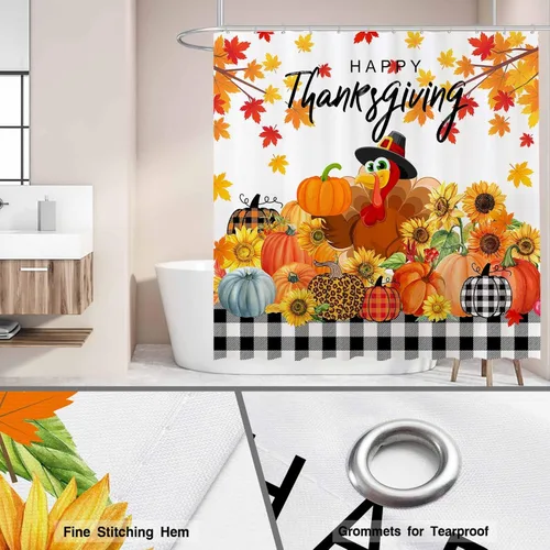 Miniatura 4 de Funnytree Cortina de ducha de 72 x 72 pulgadas para el día de Acción de Gracias, pavo y granja, a cuadros, calabaza, otoño, cosecha, para decoración
