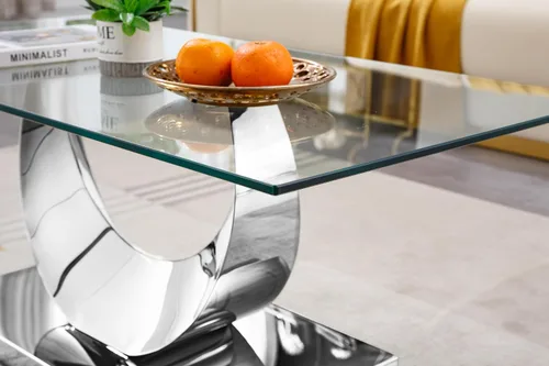 Miniatura 155 de Mesa de centro de cristal de lujo, mesa de centro de sofá de 47 pulgadas con marco de acero inoxidable dorado y parte superior de vidrio negro, mesa