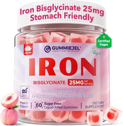 Gomitas de hierro para mujeres, 25 mg más vitamina C, raíz de remolacha, vitamina B12, folato para deficiencia de hierro, anemia, impulso de
