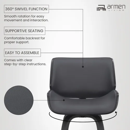 Miniatura 12 de Armen Living Tyler - Taburete giratorio de piel sintética gris y madera negra de 26 pulgadas de altura de mostrador Gris / Negro