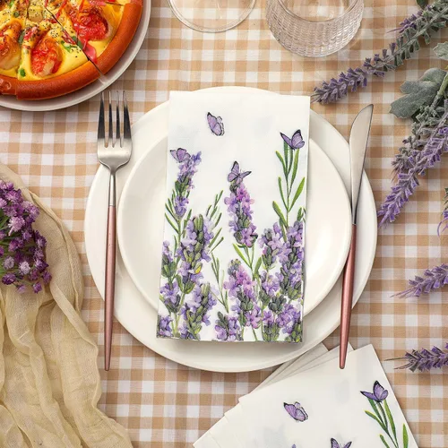 Miniatura 2 de Geyoga 200 servilletas de lavanda de 2 capas de flores de lavanda moradas, toallas de mano desechables, servilletas de papel decorativas para baño