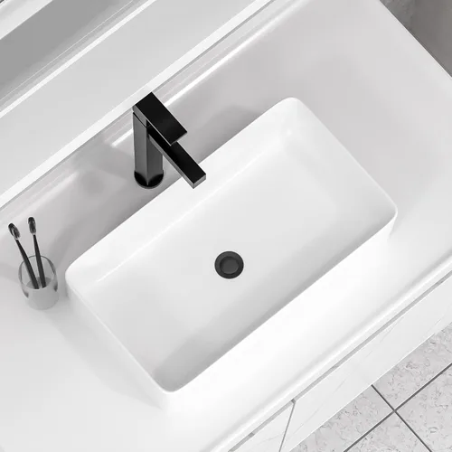 Miniatura 15 de Fregadero de recipiente blanco redondo - Fulorni 33x33 cm Lavabo de baño de cerámica de porcelana con borde dorado sobre encimera, fregadero