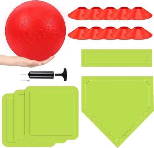 Hiboom Juego de 16 piezas de kickball deportivo que incluye bola de parque infantil de 10 pulgadas, 5 bases de goma, bomba de bola, 10 conos de