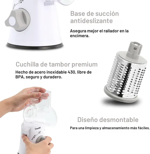 Miniatura 6 de Rallador de queso giratorio Geedel, rallador de mandolina de cocina para vegetales con 3 cuchillas intercambiables, rallador giratorio fácil