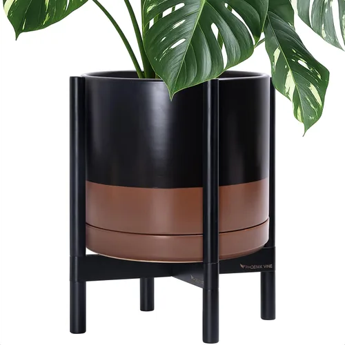 Miniatura 71 de D'vine Dev Maceta de cerámica con soporte de ébano – Maceta redonda moderna de 8 pulgadas con soporte para maceta de madera, color negro, 55-B-M-2