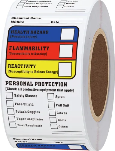 Calcomanías de seguridad SDS MSDS de 1.5 x 2.5 pulgadas para identificación y marcado de productos químicos, duraderas, cumplen con HMIS y peligros,