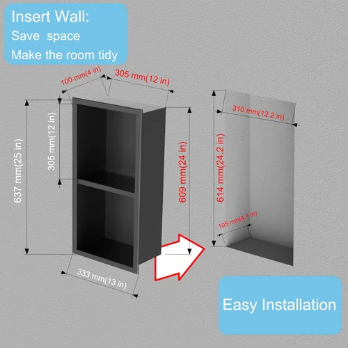 Miniatura 5 de Nicho de ducha empotrado de 24 x 12 pulgadas con estantes dobles, inserto de pared de acero inoxidable negro mate, no necesita azulejos