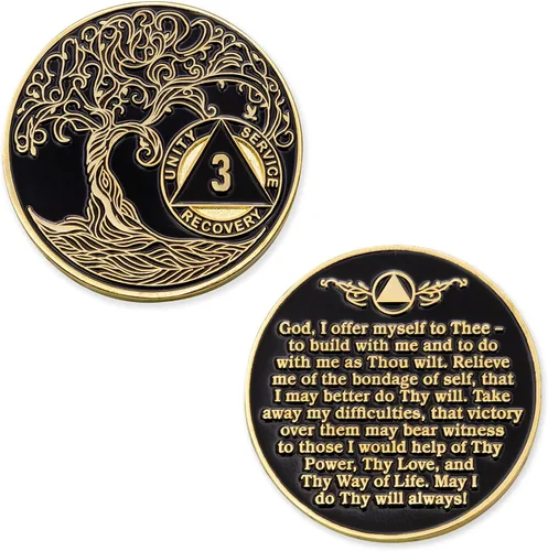 Miniatura 3 de Moneda de sobriedad del árbol de la vida retorcido de 1 a 50 años, fichas AA y medallones chapados en oro, moneda de sobriedad de 3 años, color negro
