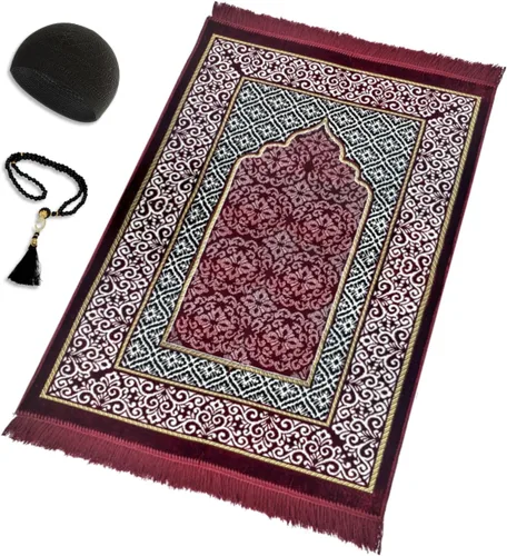 Miniatura 8 de Juego de alfombras de oración islámica de terciopelo (alfombra gruesa de oración, 99 cuentas de oración Tasbih, sombrero kufi de algodón negro), Azul