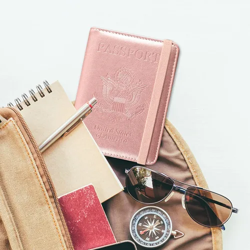 Miniatura 7 de ACdream - Funda para pasaporte, billetera o cartera de viaje de piel con bloqueo RFID para pasaporte con cierre de banda elástica, Ab-oro rosa)