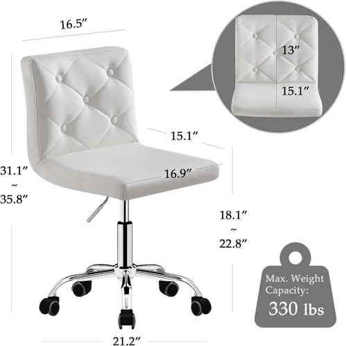 Miniatura 3 de VECELO Silla de tocador de piel sintética con respaldo medio sin brazos, altura ajustable, giratoria en 360°, para oficina en casa, color blanco
