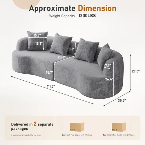 Miniatura 2 de Furnimart Sofás curvados de 112 pulgadas para sala de estar, sofá modular de felpilla moderno de 4 plazas con 4 cojines, sofá modular de felpa,