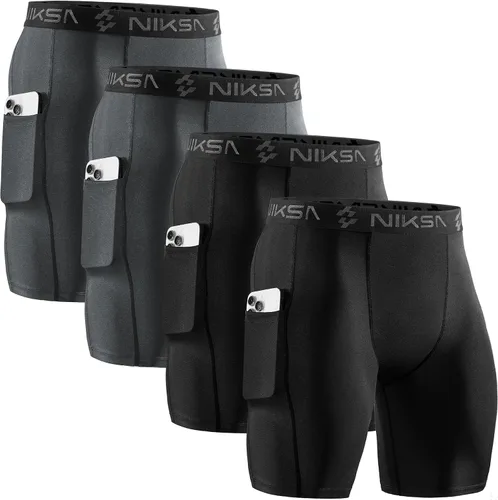 Miniatura 9 de Niksa Paquete de 2/4 pantalones cortos de compresión para hombre con bolsillo, pantalones cortos de elastano para correr, deportes, atletismo