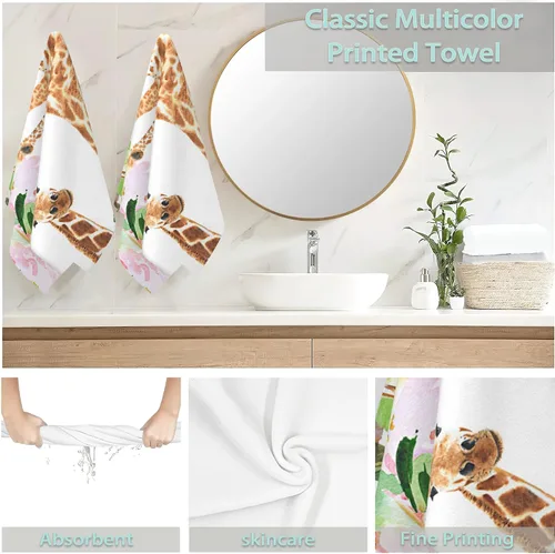 Miniatura 6 de Paquete de 2 toallas de mano para baño, divertidas toallas decorativas de jirafa con flores, toallas suaves altamente absorbentes para baño, playa
