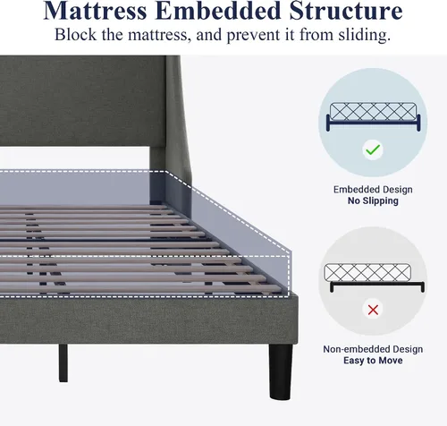 Miniatura 6 de Allewie Estructura de Cama de Plataforma Tamaño King con Cabecera Tapizada – Diseño Moderno Deluxe con Respaldo Alado, Soporte de Listones de Gris