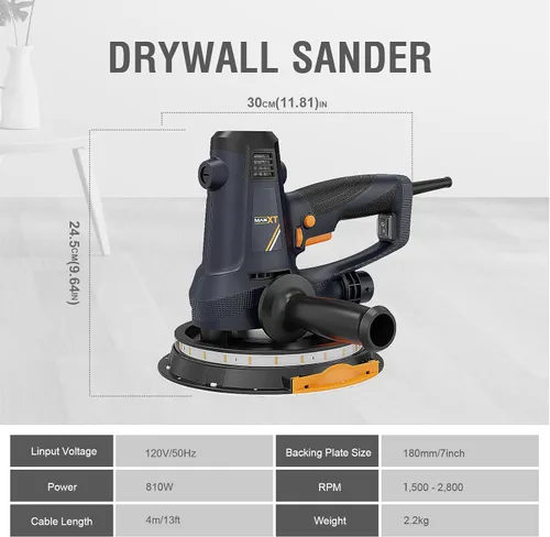 Miniatura 7 de Lijadora de yeso manual MAXXT de 810W, lijadora eléctrica para paredes, lijado grueso y fino, velocidad variable de 1500-2800RPM, almohadilla