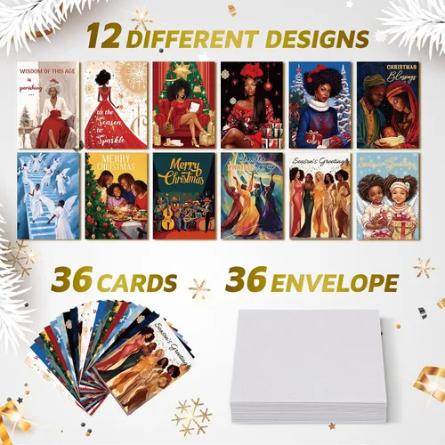 Miniatura 3 de Cholemy Juego de 36 tarjetas de Navidad afroamericanas negras con sobres, tarjetas de felicitación de Navidad africanas, tradicionales, religiosas