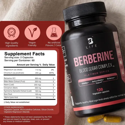 Miniatura 4 de B Life Company Suplemento de berberina 300 mg - Metabolismo del suplemento del complejo de berberina - 120 cápsulas vegetales (60 porciones)