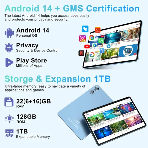 Miniatura 3 de 2025 Tablet Android 14 de 10 pulgadas con 22 GB RAM 128 GB ROM 1 TB de expansión, tablets con teclado ratón, Octa-Core, batería de 8000 mAh, Azul