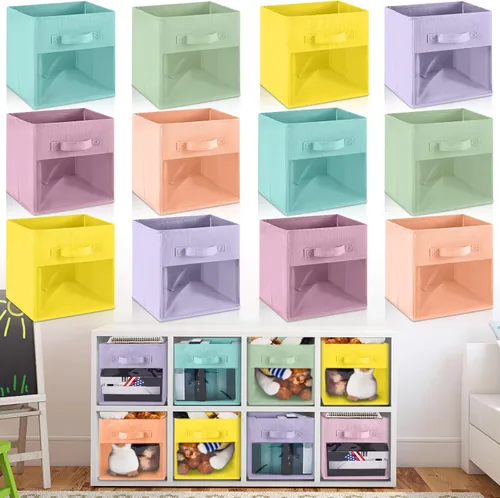 Miniatura 9 de Marsui 12 unidades de cubos transparentes de almacenamiento plegables negros para niños, organizador de aula de tela con ventana para sala
