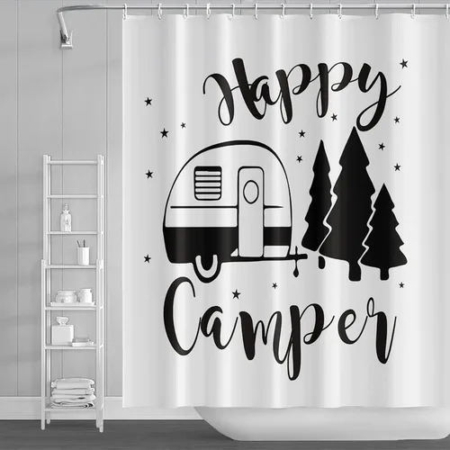 Miniatura 13 de Cortina de ducha Happy Camper de 48 x 72 pulgadas, diseño de caricaturas, remolque, hoguera, aventura al aire libre, cortina de baño para decoración