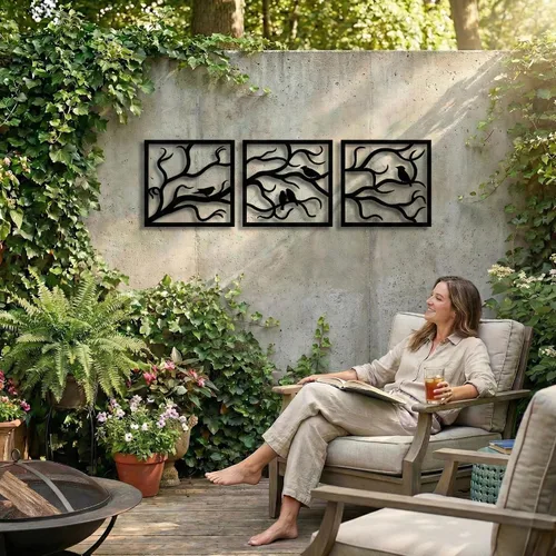 Miniatura 7 de Arte de pared de metal, pájaros en rama, 3 piezas, arte de pared de árbol, letrero de árbol, decoración de pared, decoración interior y exterior, 3